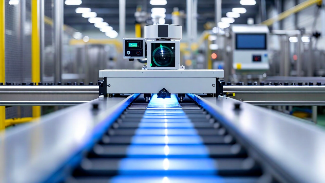 Industrial line-scan camera setup on conveyor inspection station